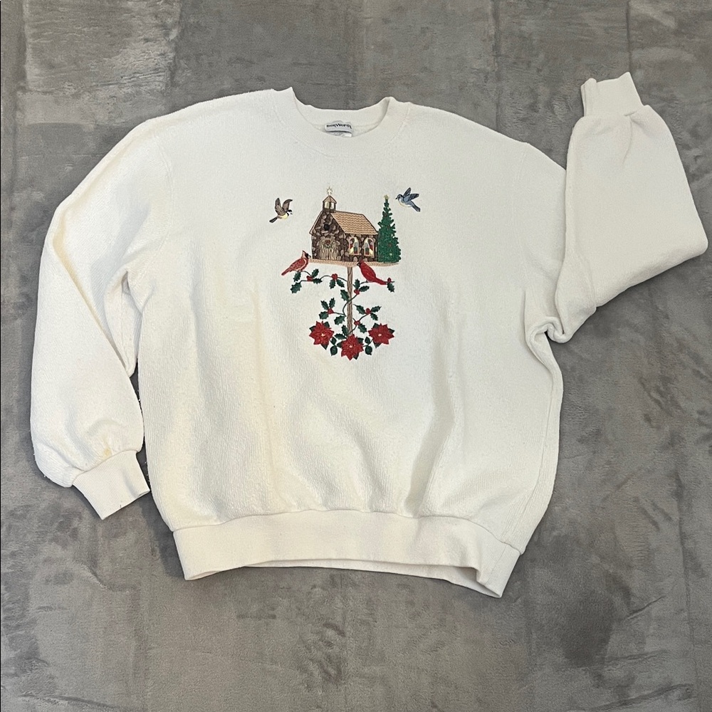 BonWorth Women’s White Sweater with Nature Embroidery Size L / XL